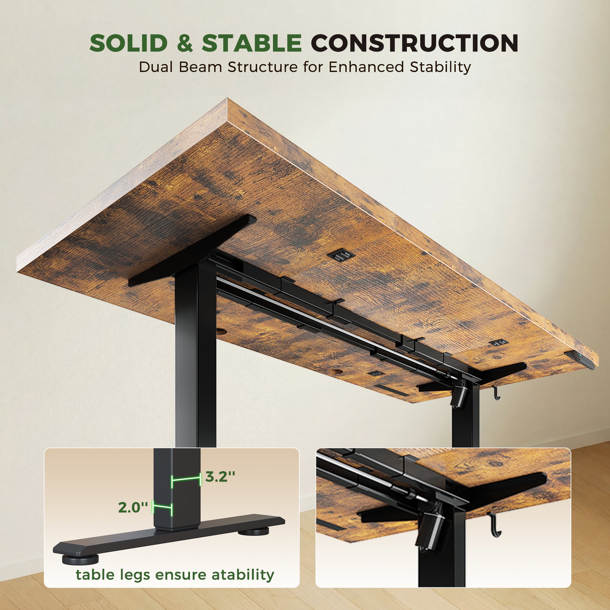 Designed with a double crossbeam structure, this standing desk ensures stability and durability, supporting heavy equipment and daily use without compromise.