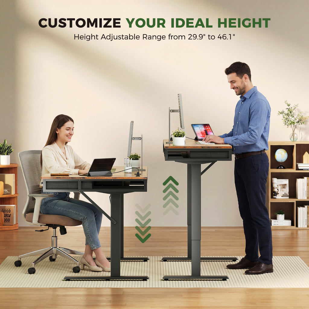The height adjustable range from 29.9" to 46.1", allowing you to easily switch between sitting and standing positions. Adjust the height to suit your preferences and promote a healthy, ergonomic workspace.