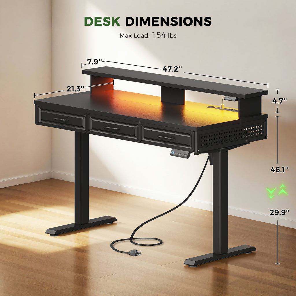 This standing desk features a 47.2" long by 21.3" wide desktop, offering ample space for daily work essentials. The monitor shelf stands 4.7" high, while the 31.6" distance between desk legs ensures comfortable legroom and stable support in a compact layout.