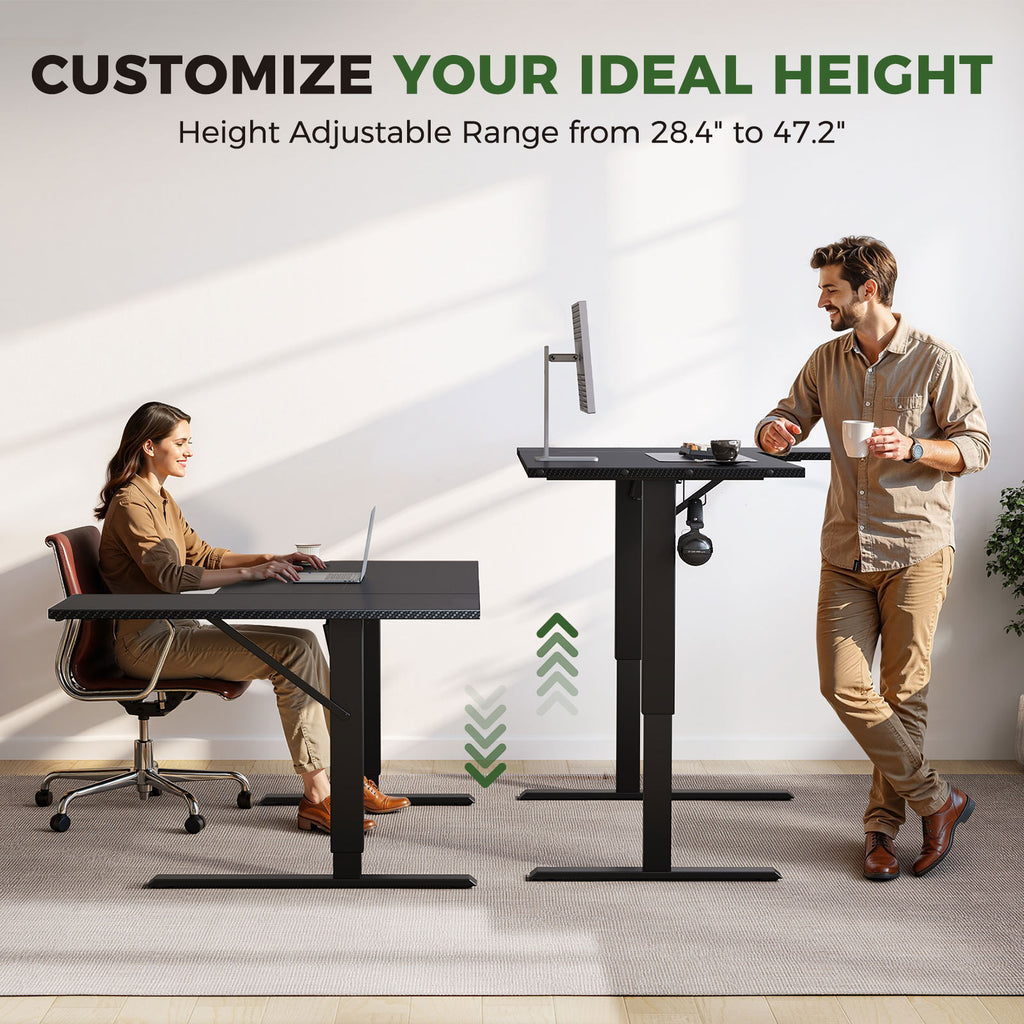With a height range from 28.4" to 47.2", this adjustable standing desk supports both sitting and standing positions. Easily switch postures throughout the day to improve comfort, ergonomics, and overall productivity.