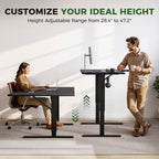 With a height range from 28.4" to 47.2", this adjustable standing desk supports both sitting and standing positions. Easily switch postures throughout the day to improve comfort, ergonomics, and overall productivity.