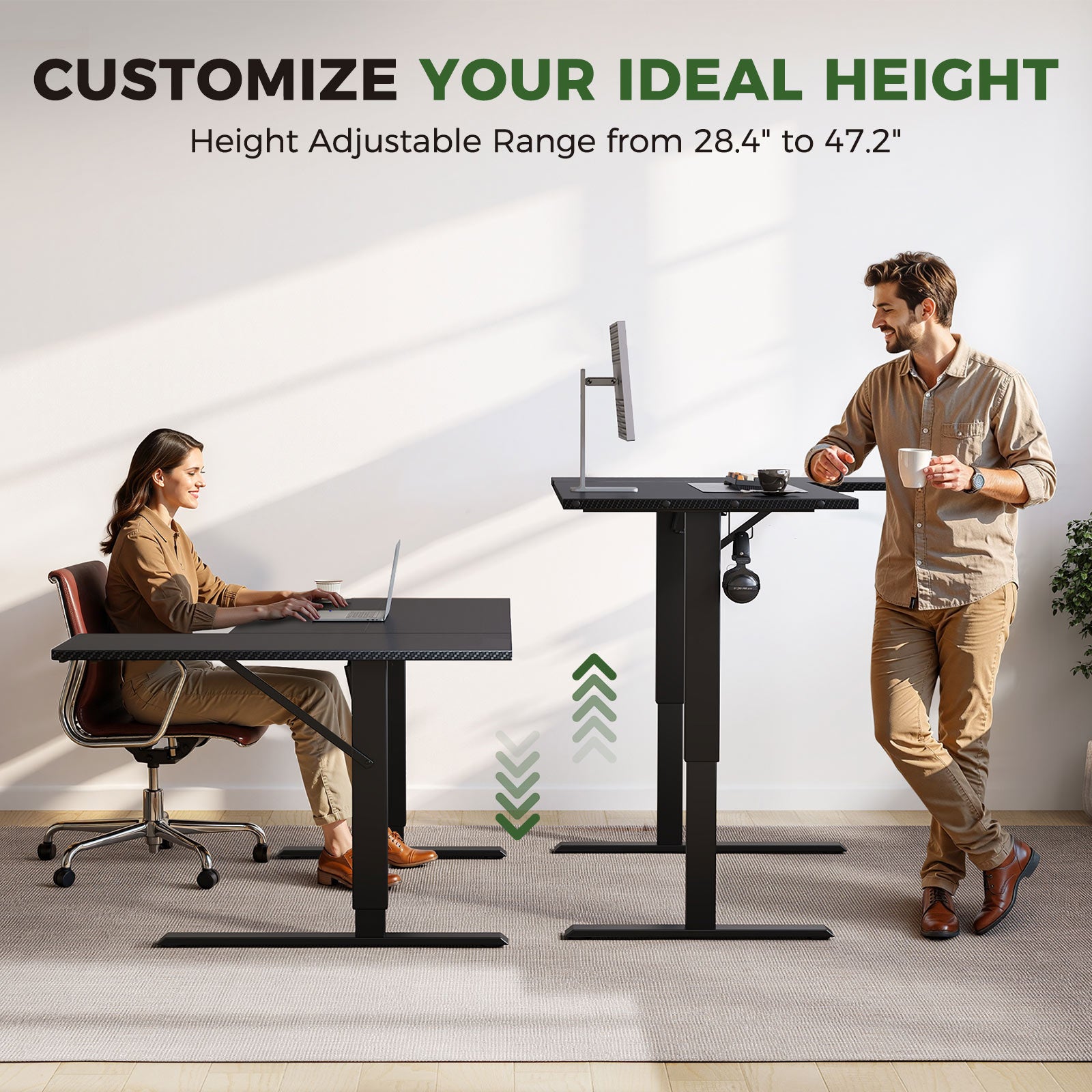With a height range from 28.4" to 47.2", this adjustable standing desk supports both sitting and standing positions. Easily switch postures throughout the day to improve comfort, ergonomics, and overall productivity.