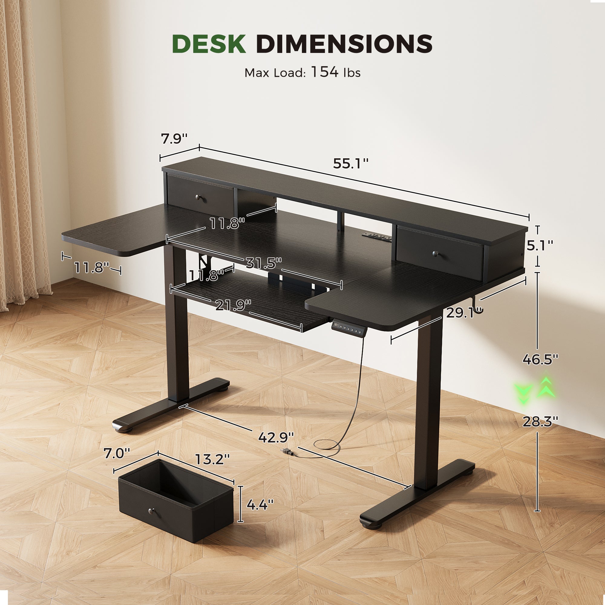 Desk and keyboard tray dimensions OffiGo U-shaped desk dimensions diagram