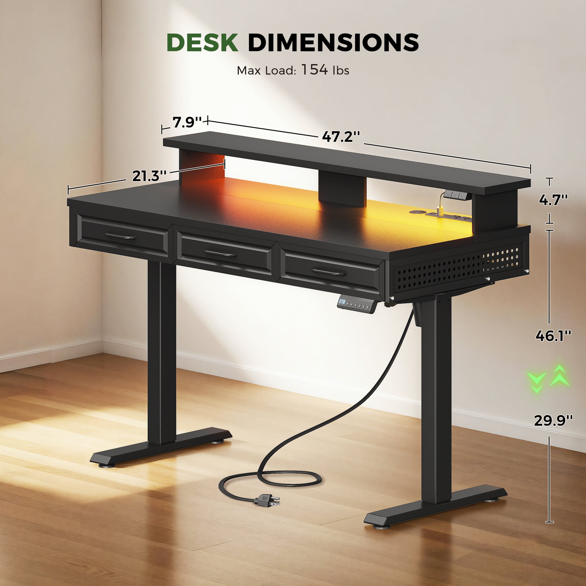 OffiGo 48" Electric Standing Desk with 3 Wooden Drawers, Monitor Shelf & USB Power Outlets