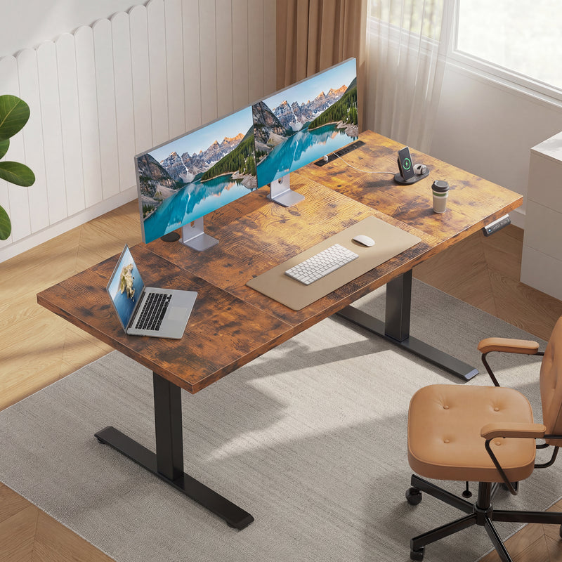 71-inch electric standing desk featuring a 1.38-inch thick solid tabletop, supporting a dual monitor arm setup with ample workspace for long-hour home office use