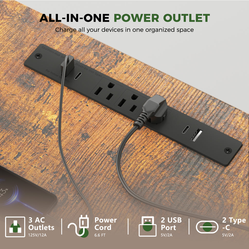 Equipped with 3 AC outlets, 2 USB ports, and 2 Type-C ports, this height adjustable desk offers convenient charging options for all your electronic devices, keeping your workspace organized and efficient.