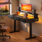 OffiGo 48" Electric Standing Desk with 3 Wooden Drawers, Monitor Shelf & USB Power Outlets