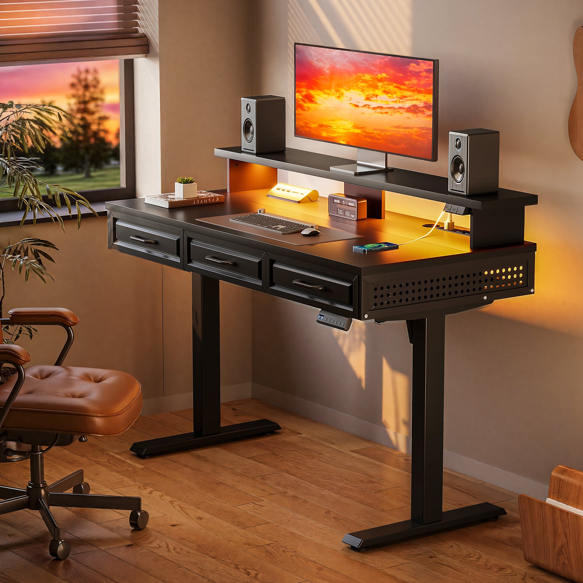 OffiGo 48" Electric Standing Desk with 3 Wooden Drawers, Monitor Shelf & USB Power Outlets
