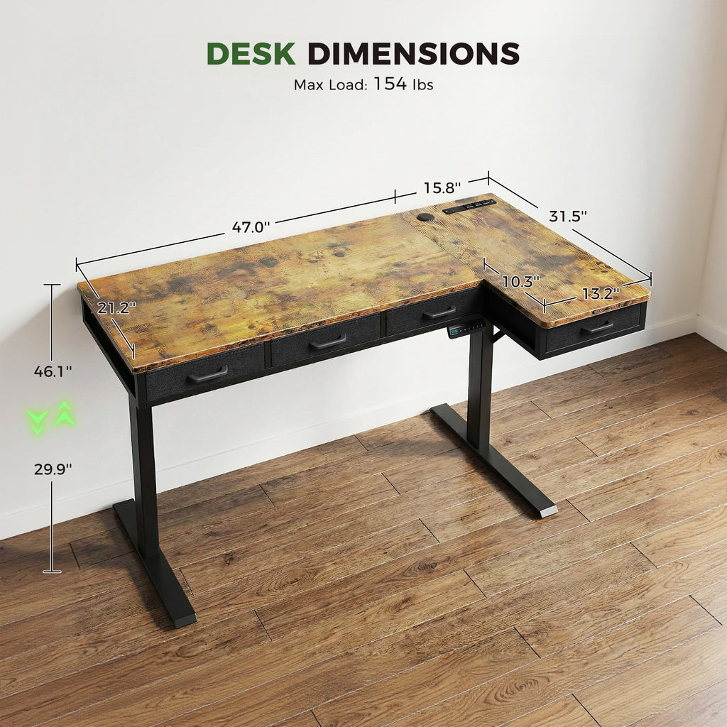 The main desktop measures 47" in length and 21.2" in width, while the side table is 31.5" long and 15.8" wide. This spacious design allows for a comfortable and organized workspace.