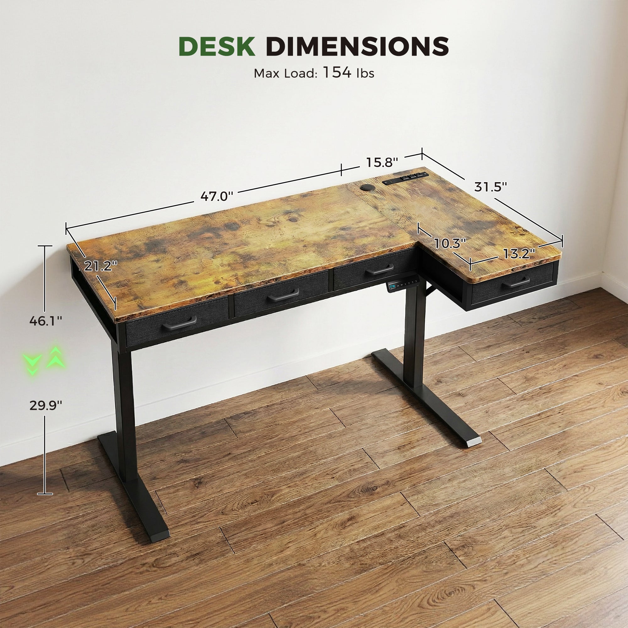 The main desktop measures 47" in length and 21.2" in width, while the side table is 31.5" long and 15.8" wide. This spacious design allows for a comfortable and organized workspace.