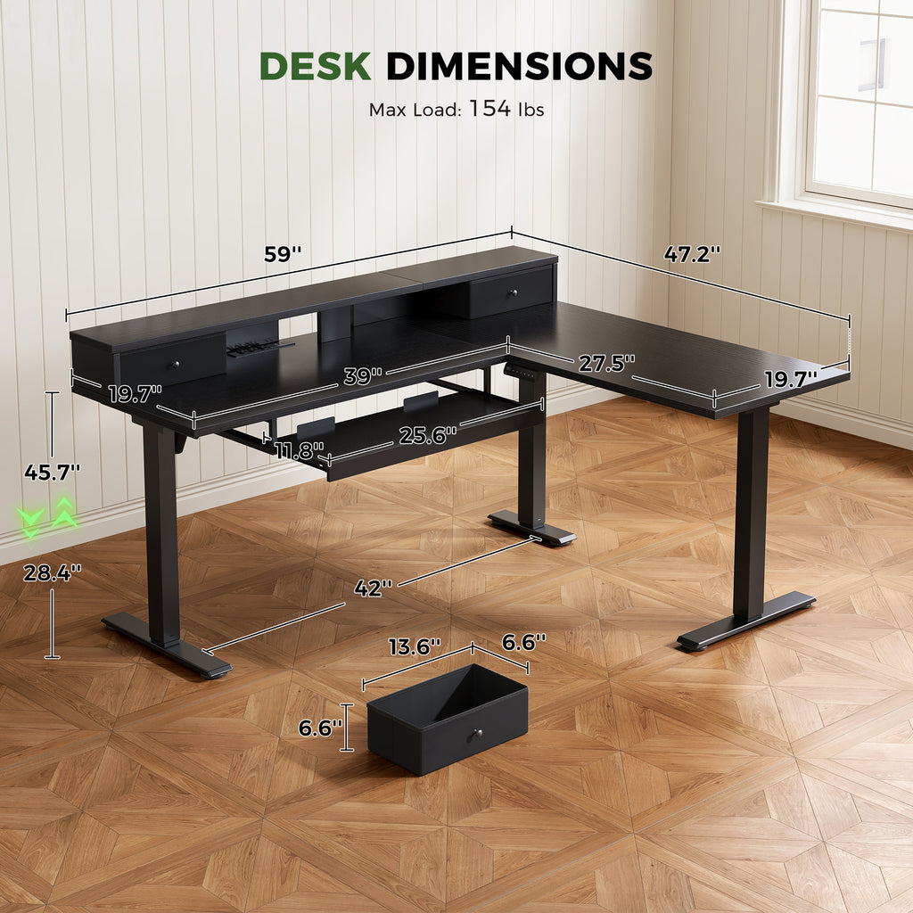 OffiGo 59" L-Shaped Electric Standing Desk with Drawers, Keyboard Tray & Monitor Stand