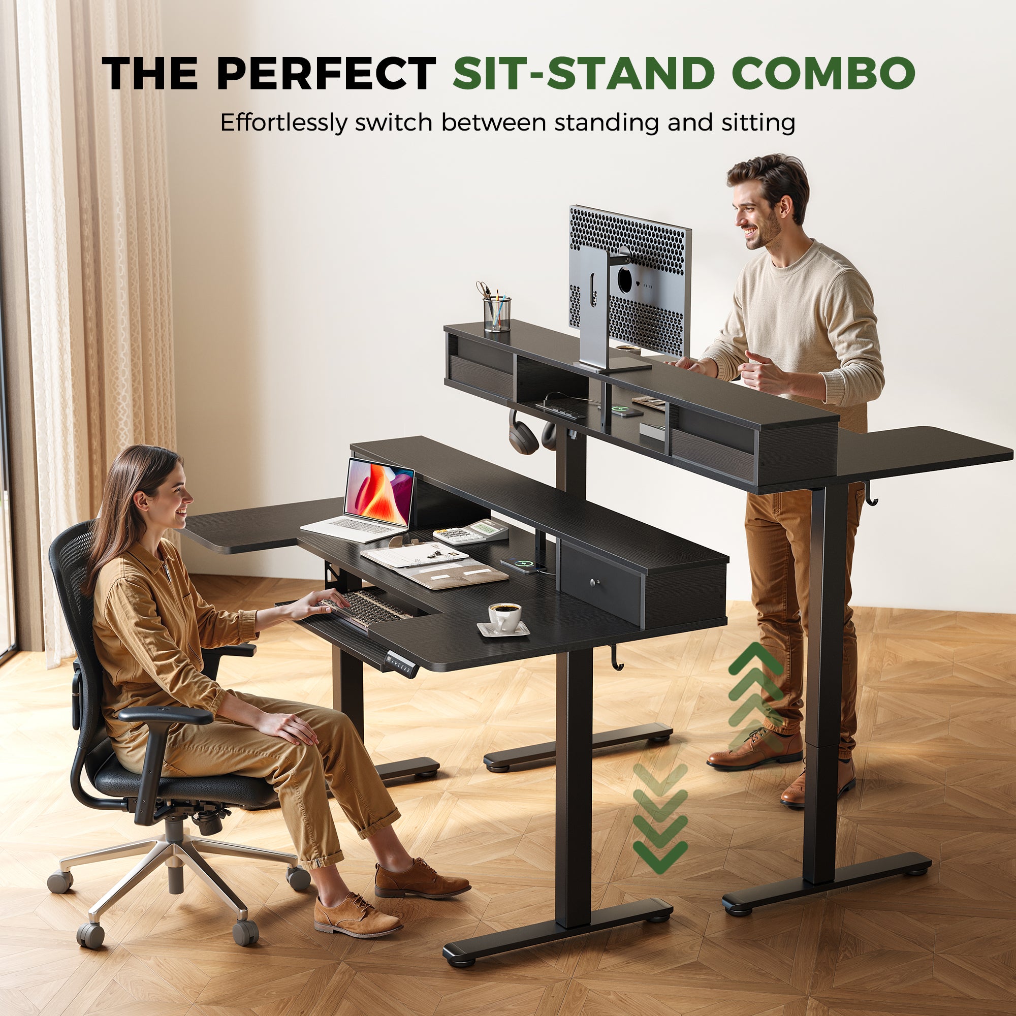 OffiGo U Shaped Electric Standing Desk with Drawers, 55 Inch Height Adjustable Desk with Keyboard Tray ＆ Ergonomic Monitor Stand, Sit Stand Table with Power Outlets for Home, Office, Black - Thumbnail 5