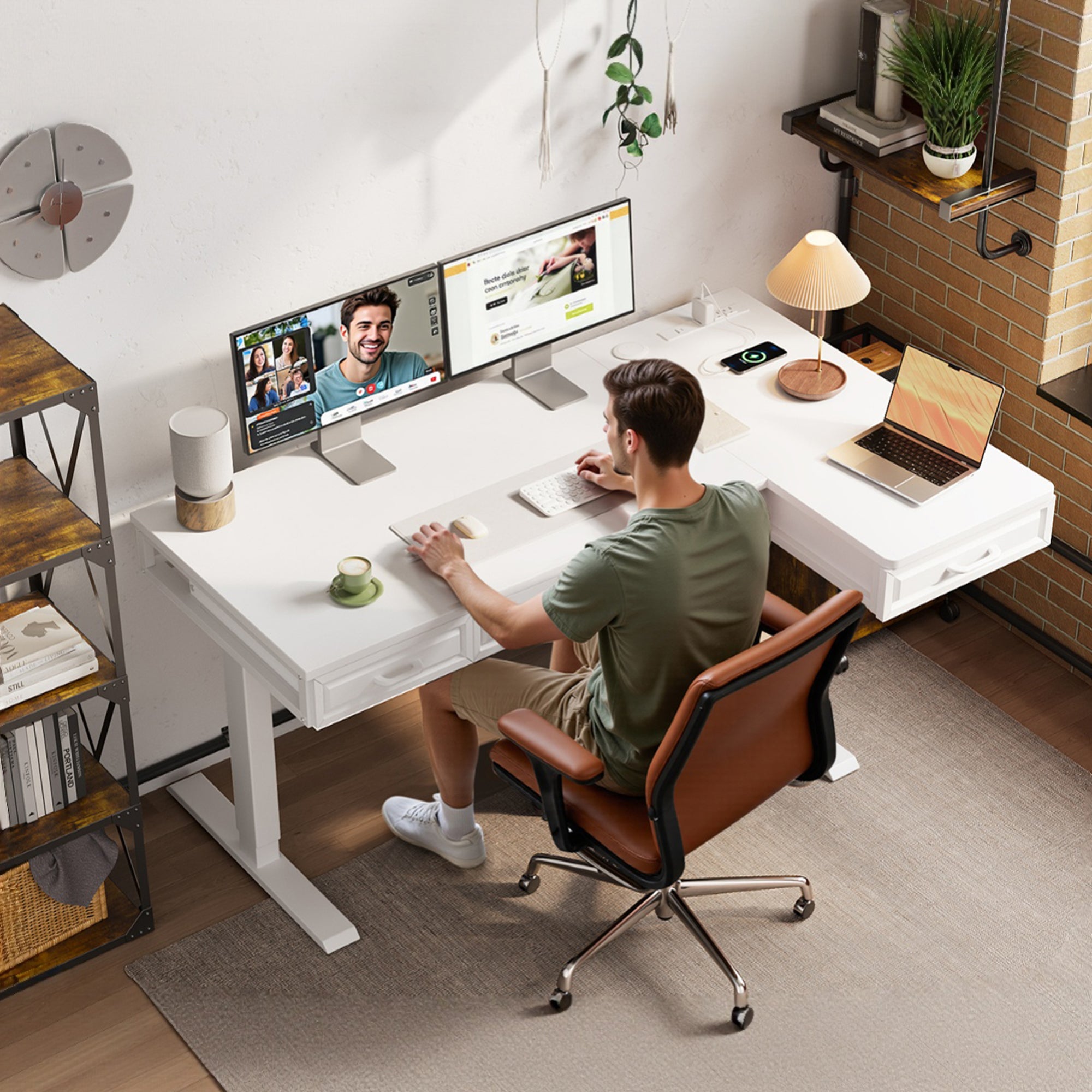 OffiGo 55" L-Shaped Electric Standing Desk with Wooden Drawers & Power Outlets the work-from-home standing desk upgrade - Illustrate the section with a relevant product or system image.