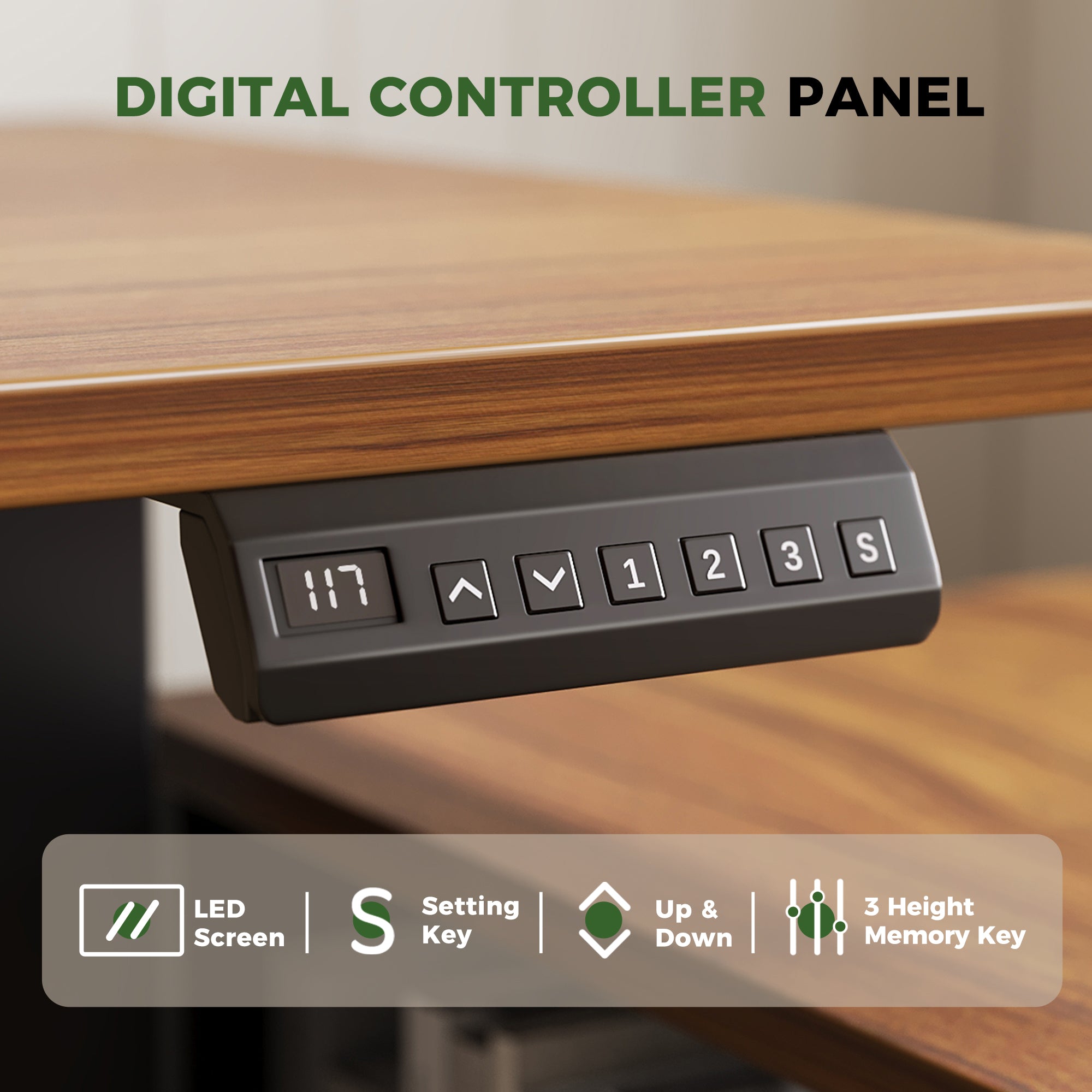 Standing desk controller with LED display and memory presets Digital controller panel with LED height display and three memory keys