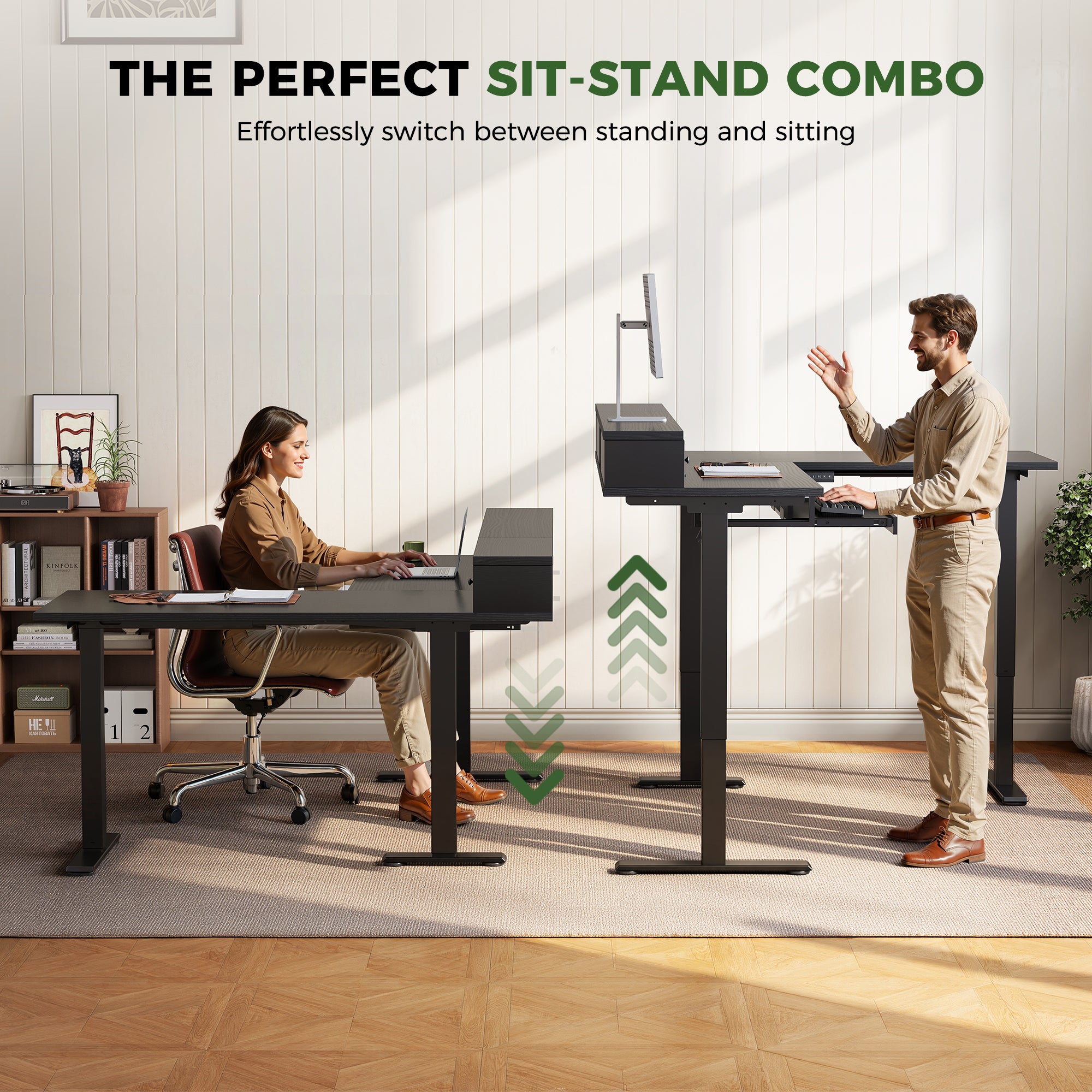 OffiGo 59" L-Shaped Electric Standing Desk with Drawers, Keyboard Tray & Monitor Stand