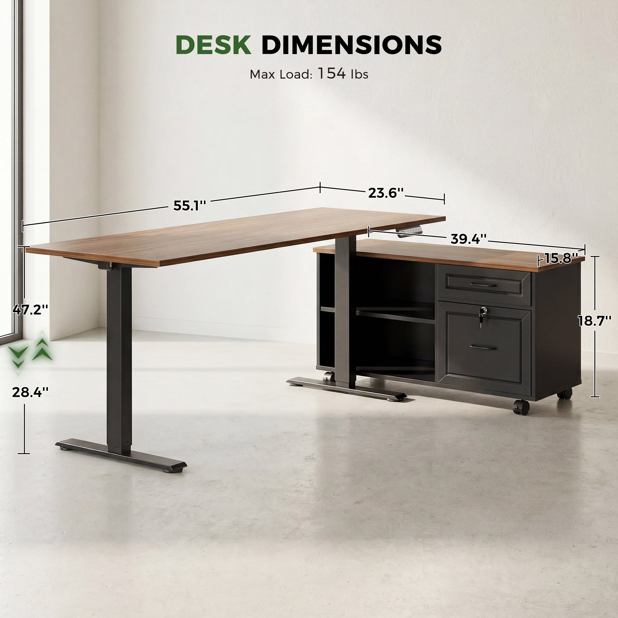 OffiGo desk dimensions and height range Desk dimensions and height range for OffiGo 55.1 x 23.6-inch desktop and matching cabinet
