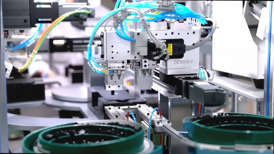 Close-up of automated precision manufacturing machinery with robotic assembly systems used for high-volume office furniture and standing desk component production.