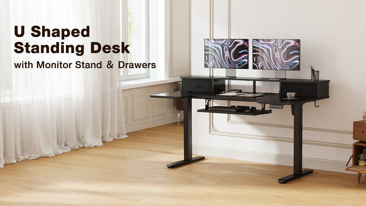 OffiGo 55“ U Shaped Electric Standing Desk with 2 Drawers & Keyboard Tray & Monitor Stand