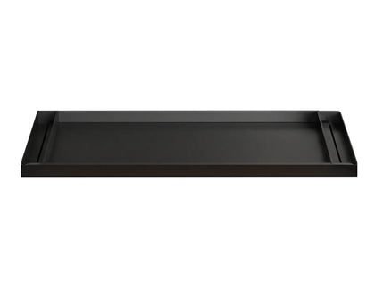 Black cable management tray isolated on a white background, showing open top and wire channels.