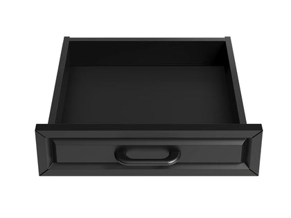 Black desk drawer isolated on a white background, showing handle and clean interior for product listing.