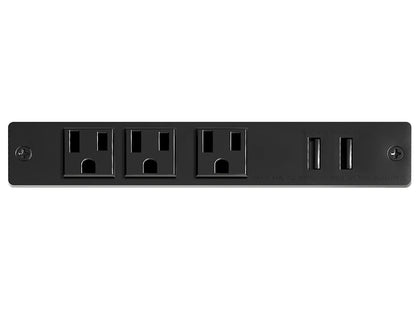 Desk-mounted black power strip with three AC outlets and two USB ports, isolated on a white background.