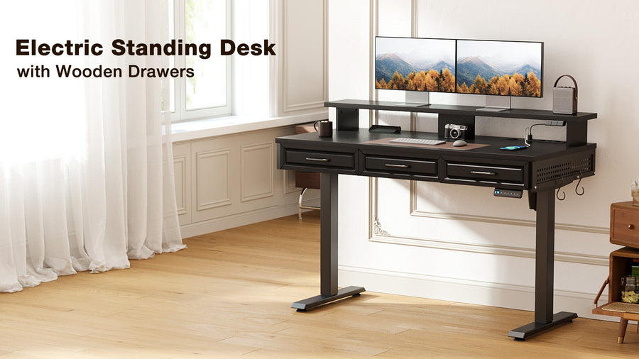 OffiGo Electric Standing Desk with 3 Wooden Drawers, Monitor Shelf and Outlets Installation Guide