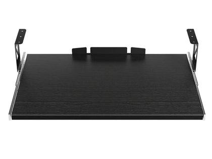 Black pull-out keyboard tray isolated on white background, showing smooth surface and side brackets.