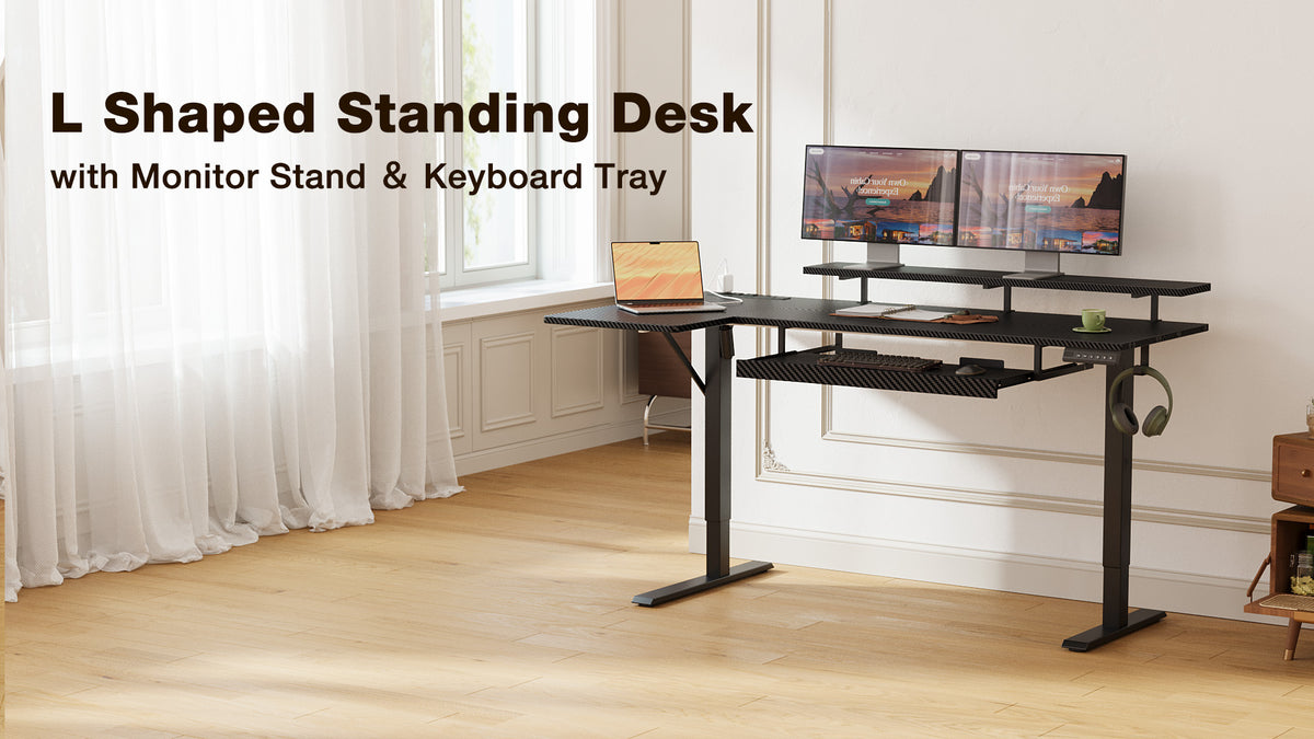 OffiGo 55" L-Shaped Electric Standing Desk with Keyboard Tray & Monitor Shelf