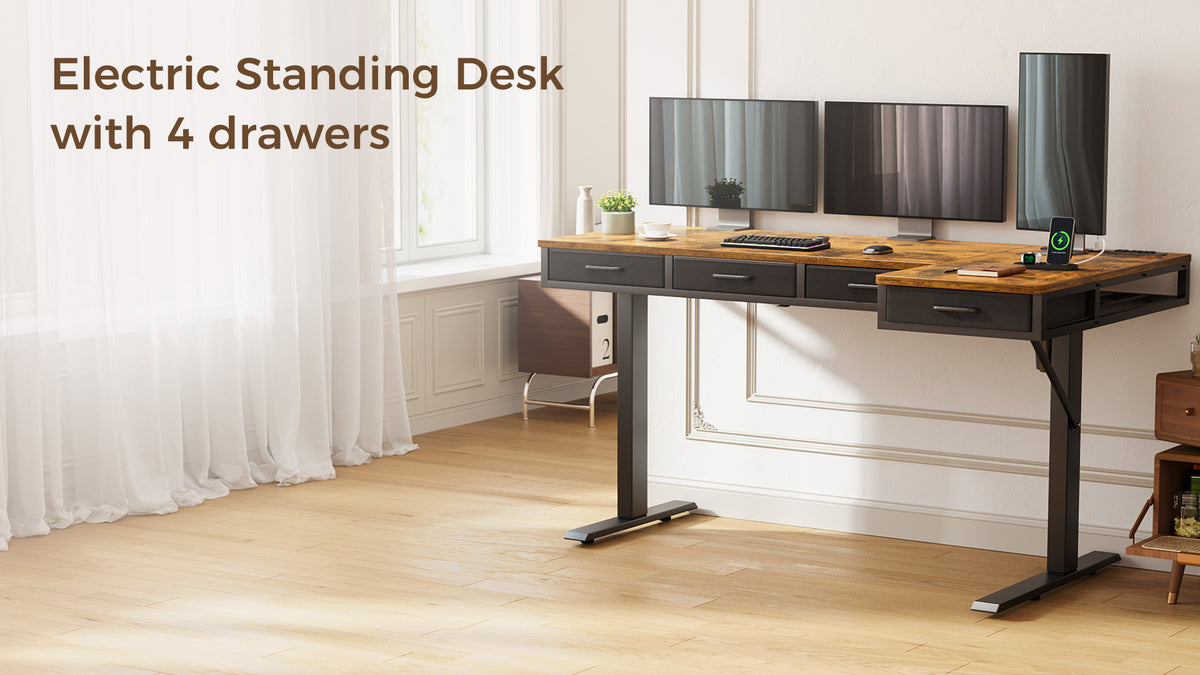 OffiGo 63" L-Shaped Electric Standing Desk with Fabric Drawers & Built-in Power Outlets