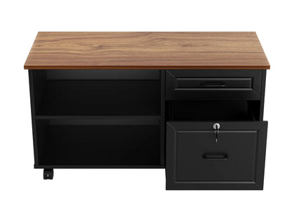 Black and wood side cabinet with drawers and open shelves, isolated on a white background for product listing.