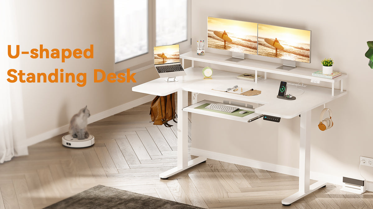 OffiGo 55" U-Shaped Electric Standing Desk with Monitor Stand & Keyboard Tray, Height Adjustable Home Office Desk