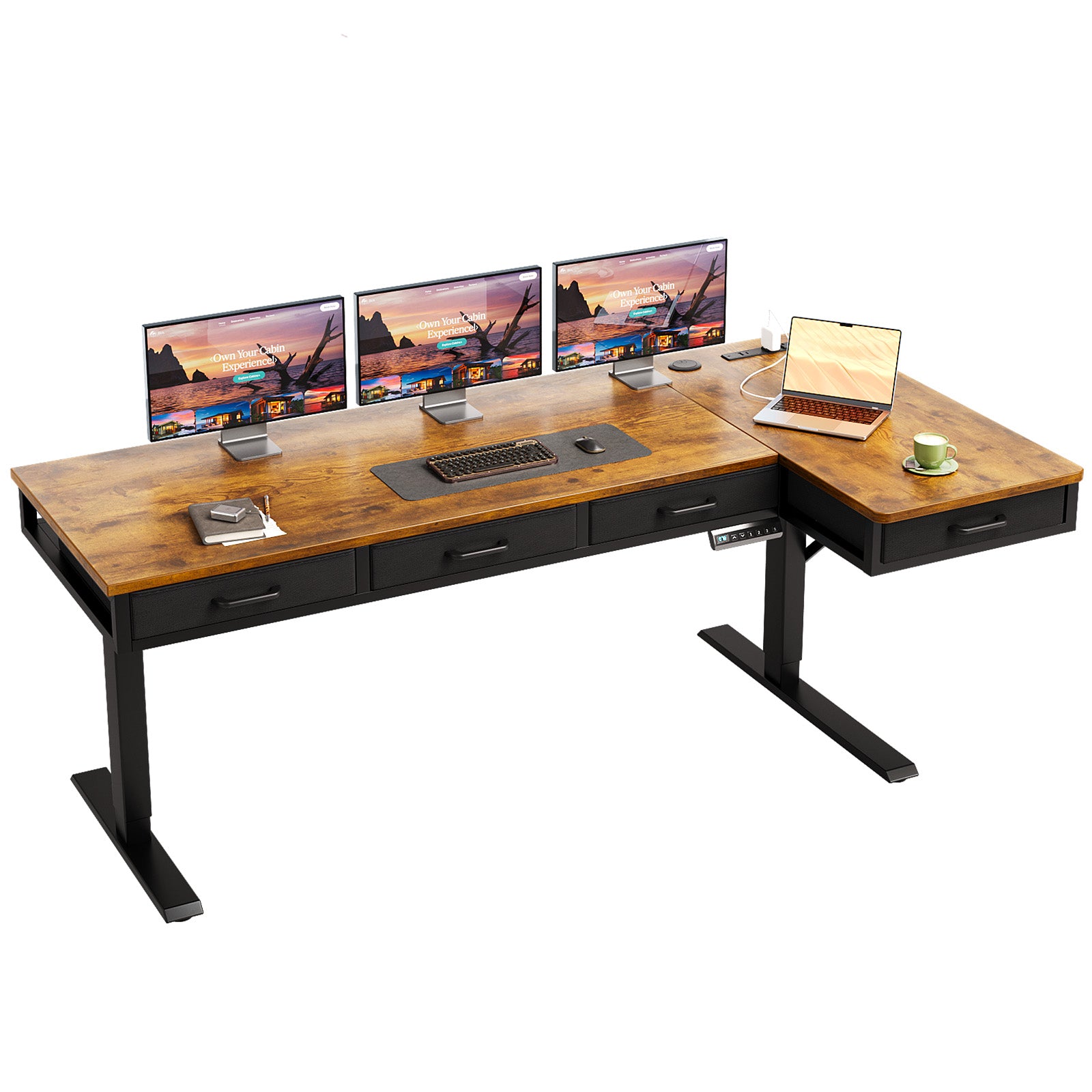 63" L-Shaped Electric Standing Desk with Fabric Drawers & Built-in Power Outlets