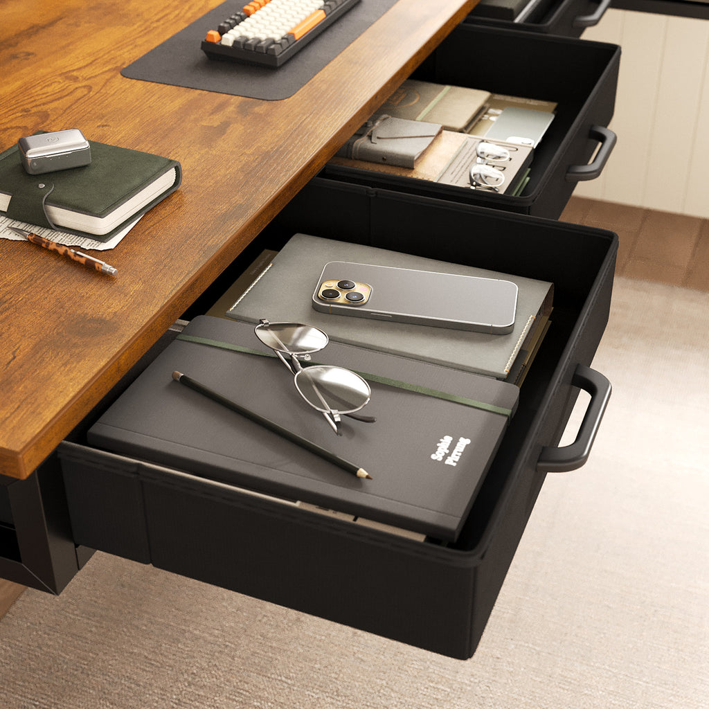 63" L-Shaped Electric Standing Desk with Fabric Drawers & Built-in Power Outlets