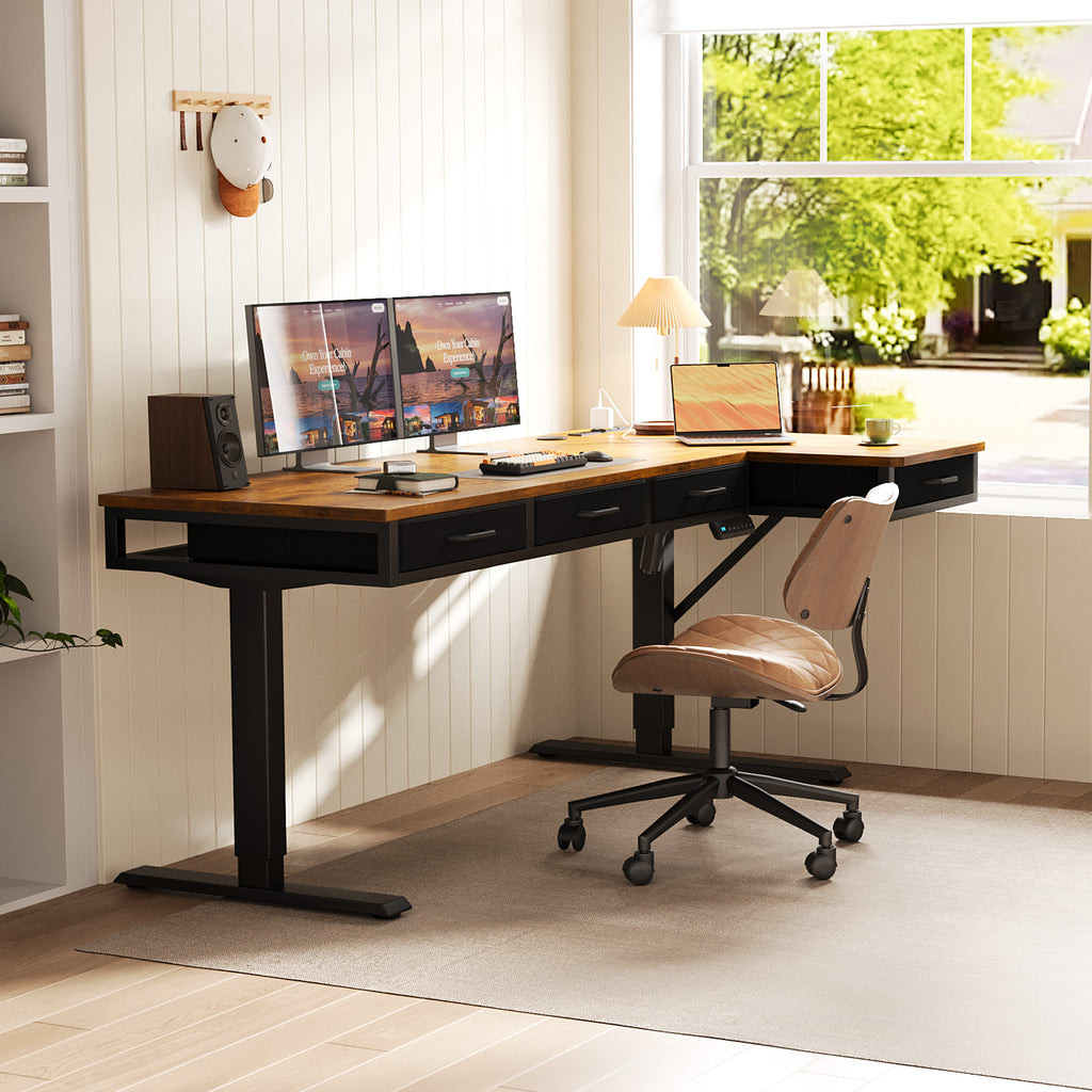 63" L-Shaped Electric Standing Desk with Fabric Drawers & Built-in Power Outlets