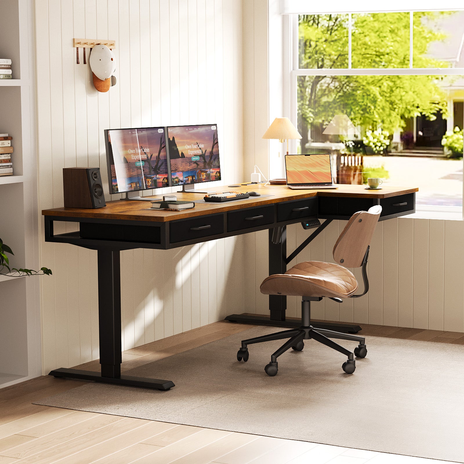63" L-Shaped Electric Standing Desk with Fabric Drawers & Built-in Power Outlets