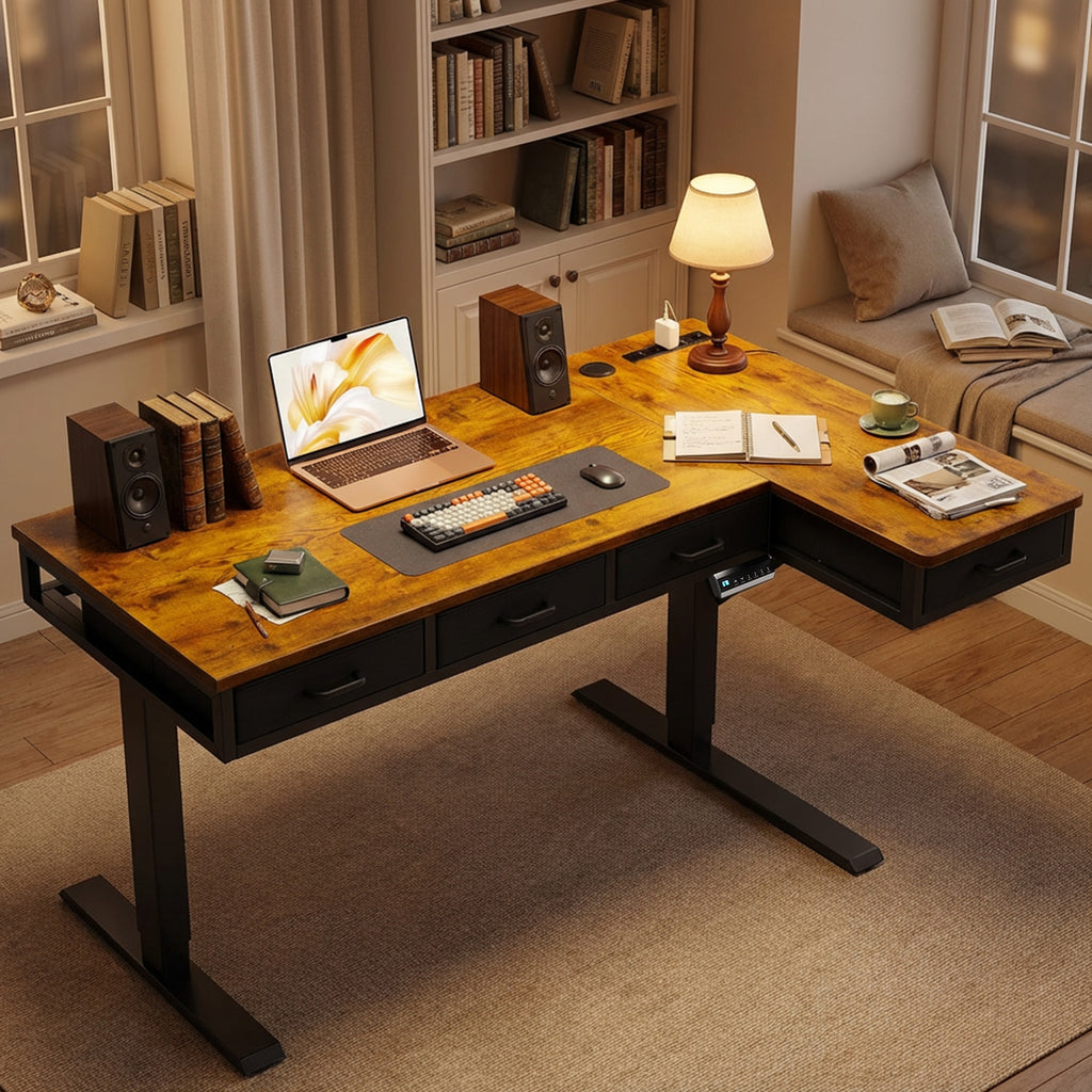 63" L-Shaped Electric Standing Desk with Fabric Drawers & Built-in Power Outlets