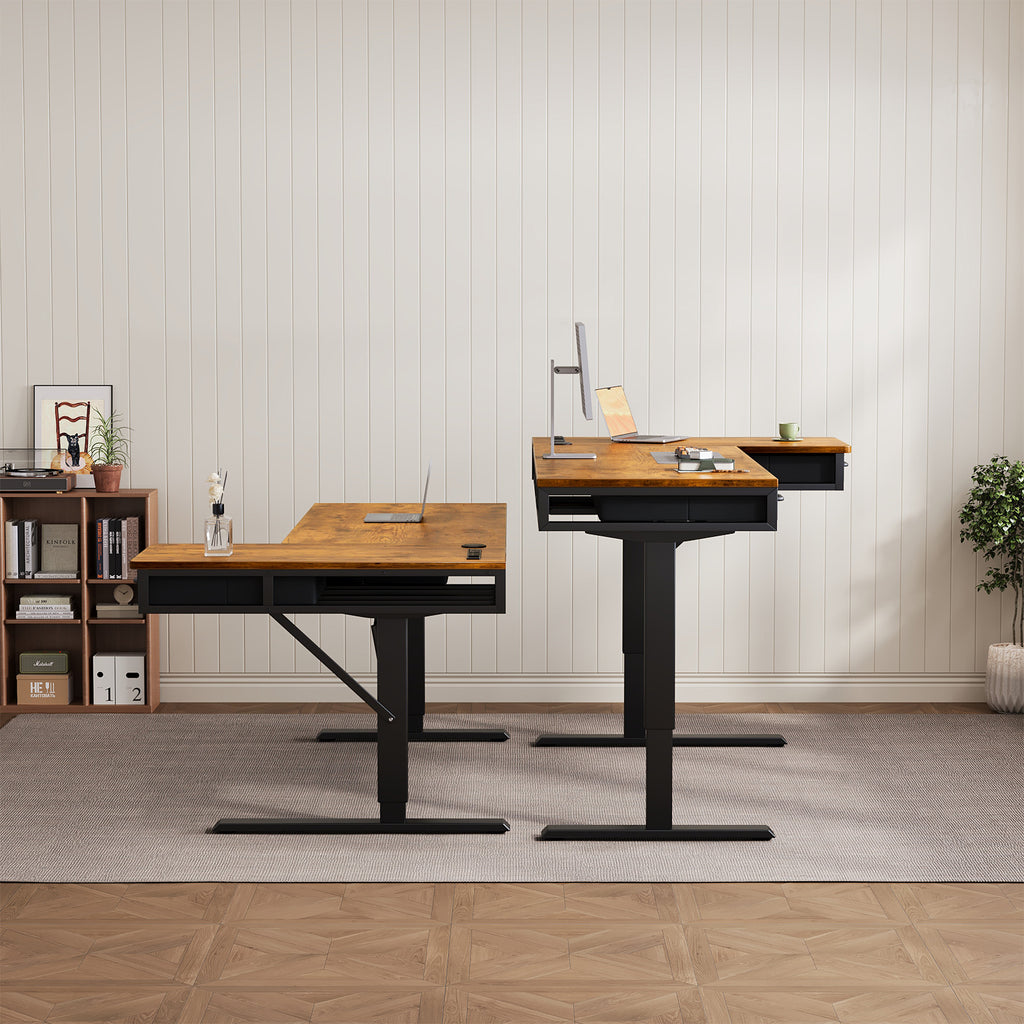63" L-Shaped Electric Standing Desk with Fabric Drawers & Built-in Power Outlets