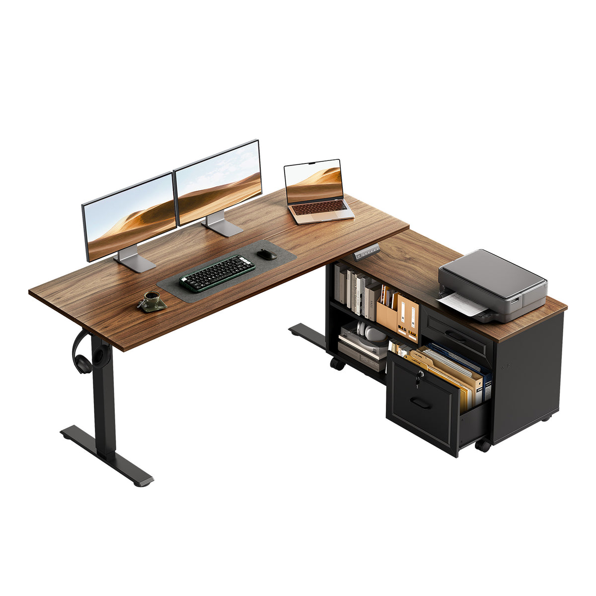 OffiGo 48-inch walnut and black electric standing desk with a black rolling file cabinet, two monitors and a laptop.