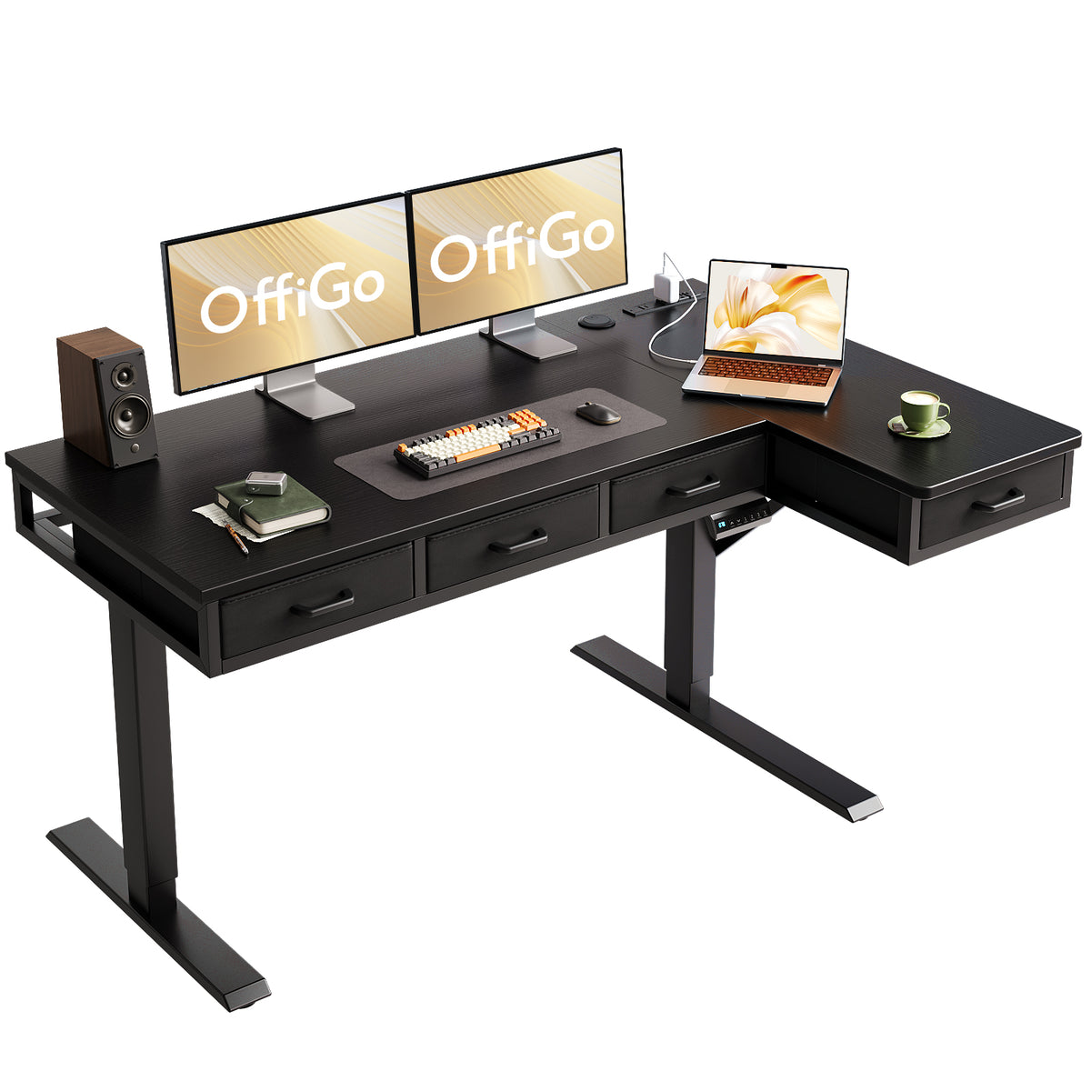 OffiGo 55-inch black L-shaped electric standing desk with four fabric drawers, two monitors on stands and a laptop.