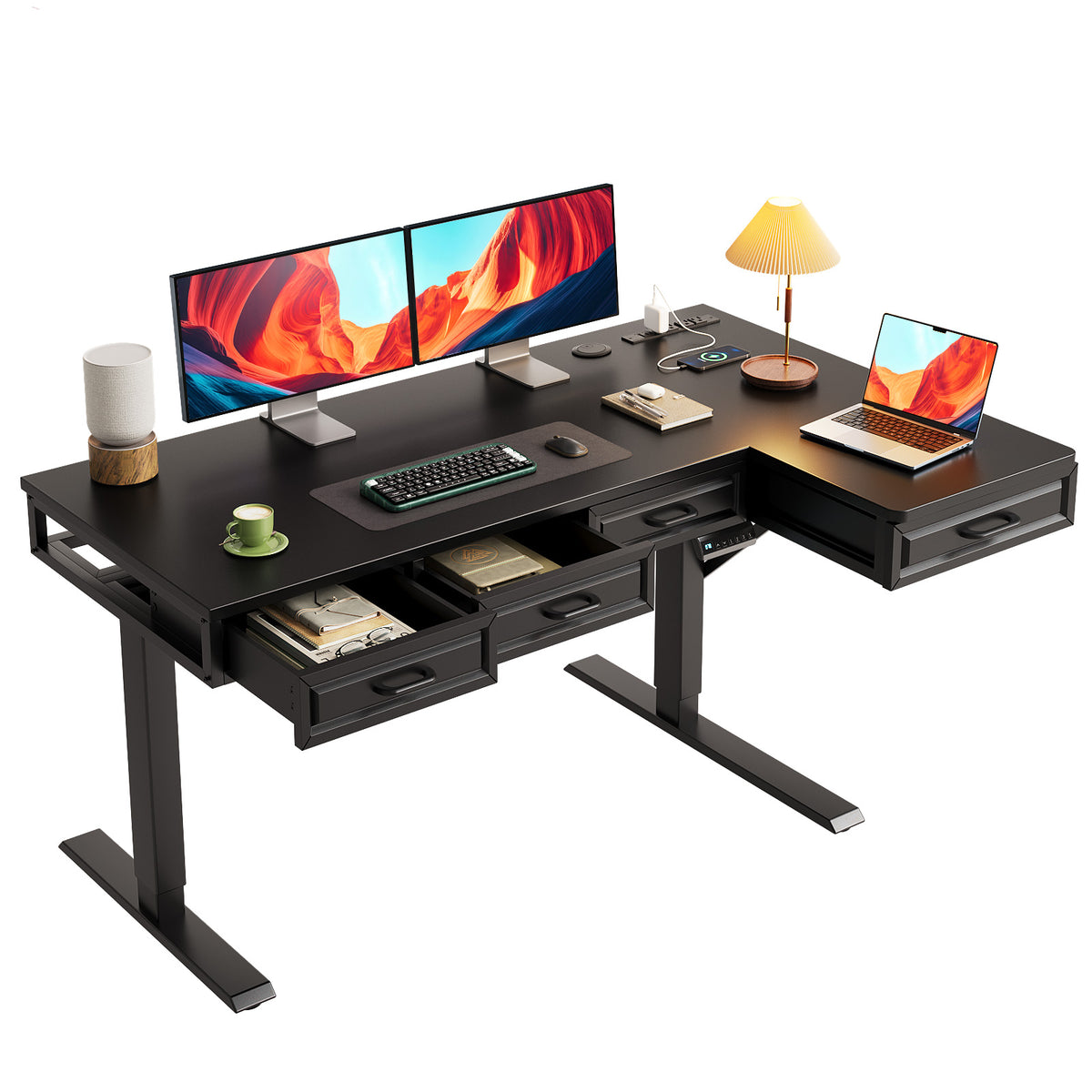 Three-quarter view of the OffiGo 55-inch L-shaped standing desk with a black desktop, black frame and four wooden drawers, with multiple monitors and a laptop.
