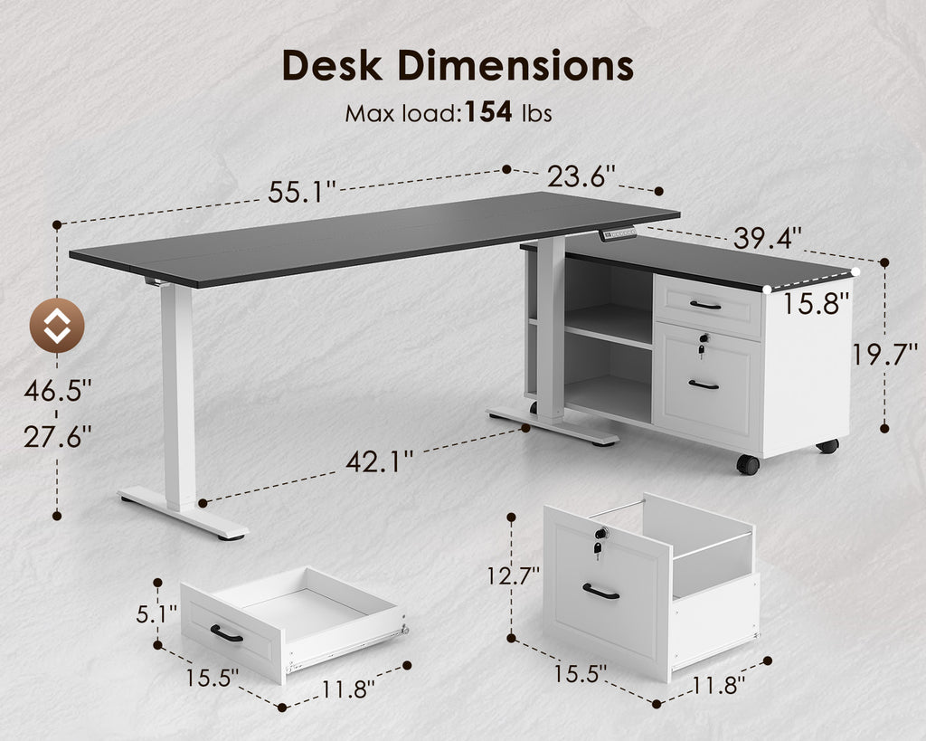 Dimension diagram of the OffiGo 55-inch standing desk with a black desktop, white legs and rolling file cabinet, showing the corrected 27.6 to 46.5-inch height range, desktop, cabinet and drawer measurements.