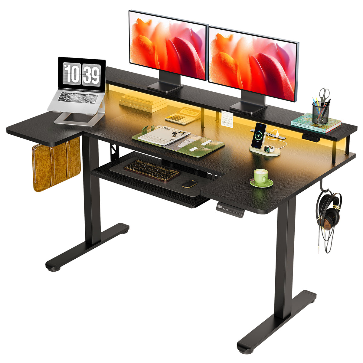 Three-quarter view of the OffiGo 55-inch black U-shaped standing desk with a full-width monitor stand, LED lighting and a slide-out keyboard tray.