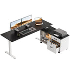 OffiGo 55-inch black and white electric standing desk with a white rolling file cabinet, two monitors and a laptop.