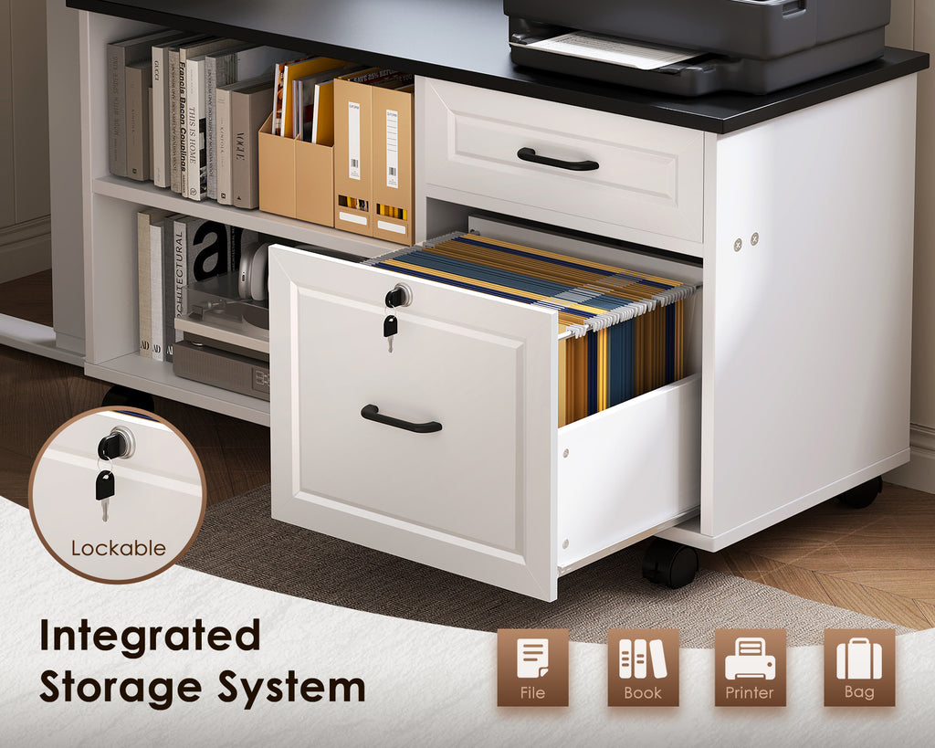 White rolling file cabinet with open shelves, two drawers and a lockable hanging-file drawer beneath a black printer shelf.
