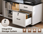 White rolling file cabinet with open shelves, two drawers and a lockable hanging-file drawer beneath a black printer shelf.