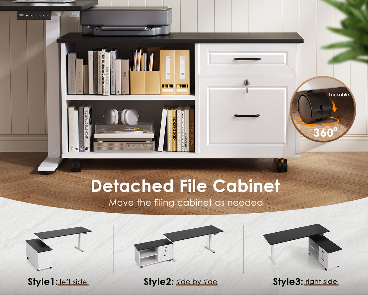 Detachable white file cabinet with swivel casters, shown in left-side, side-by-side and right-side desk configurations.