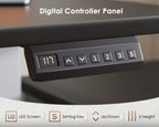 Digital controller on the OffiGo black desktop with an LED height display, up and down buttons, a setting button and three height presets.