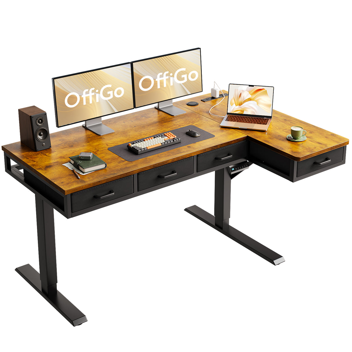 OffiGo 55-inch rustic brown L-shaped electric standing desk with four fabric drawers, two monitors on stands and a laptop.