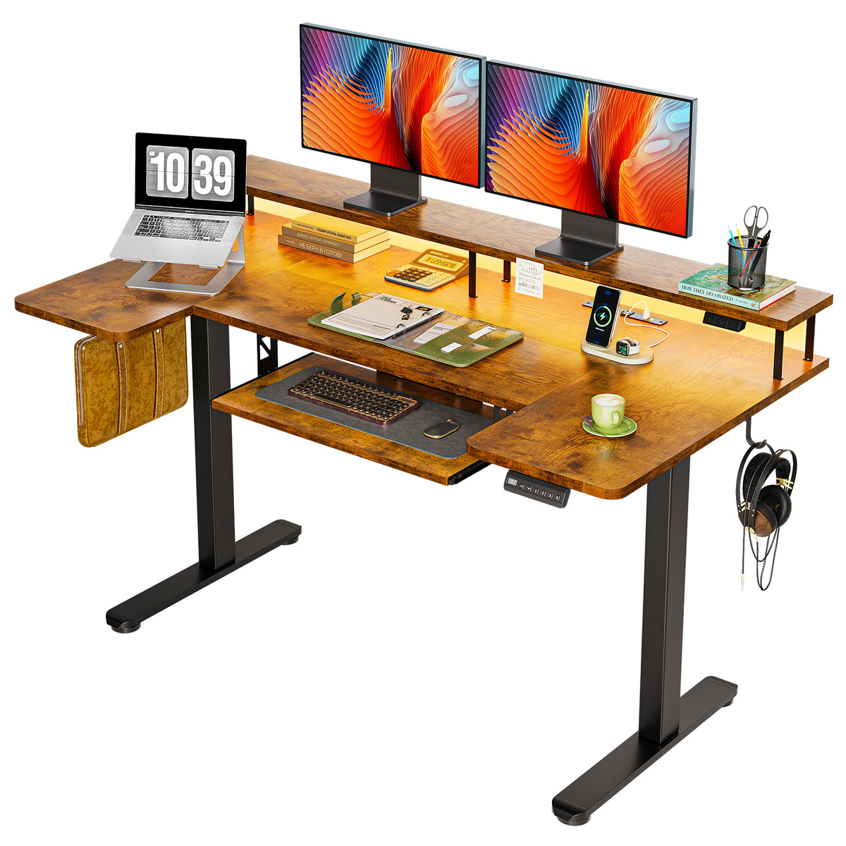 Three-quarter view of the OffiGo 55-inch rustic brown U-shaped standing desk with a full-width monitor stand, LED lighting and a slide-out keyboard tray.