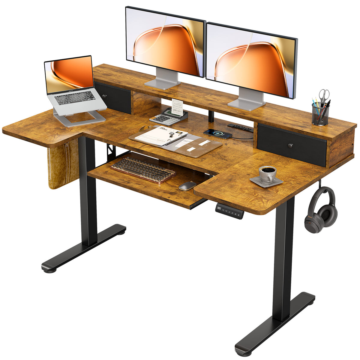 Three-quarter view of the OffiGo 55-inch rustic brown U-shaped standing desk with two drawers, a full-width monitor stand and a slide-out keyboard tray.